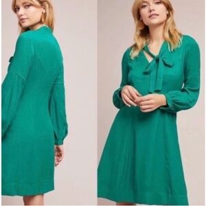 Anthropologie Green Moulinette Soeurs Gina Bow Tie Long Sleeve Dress
